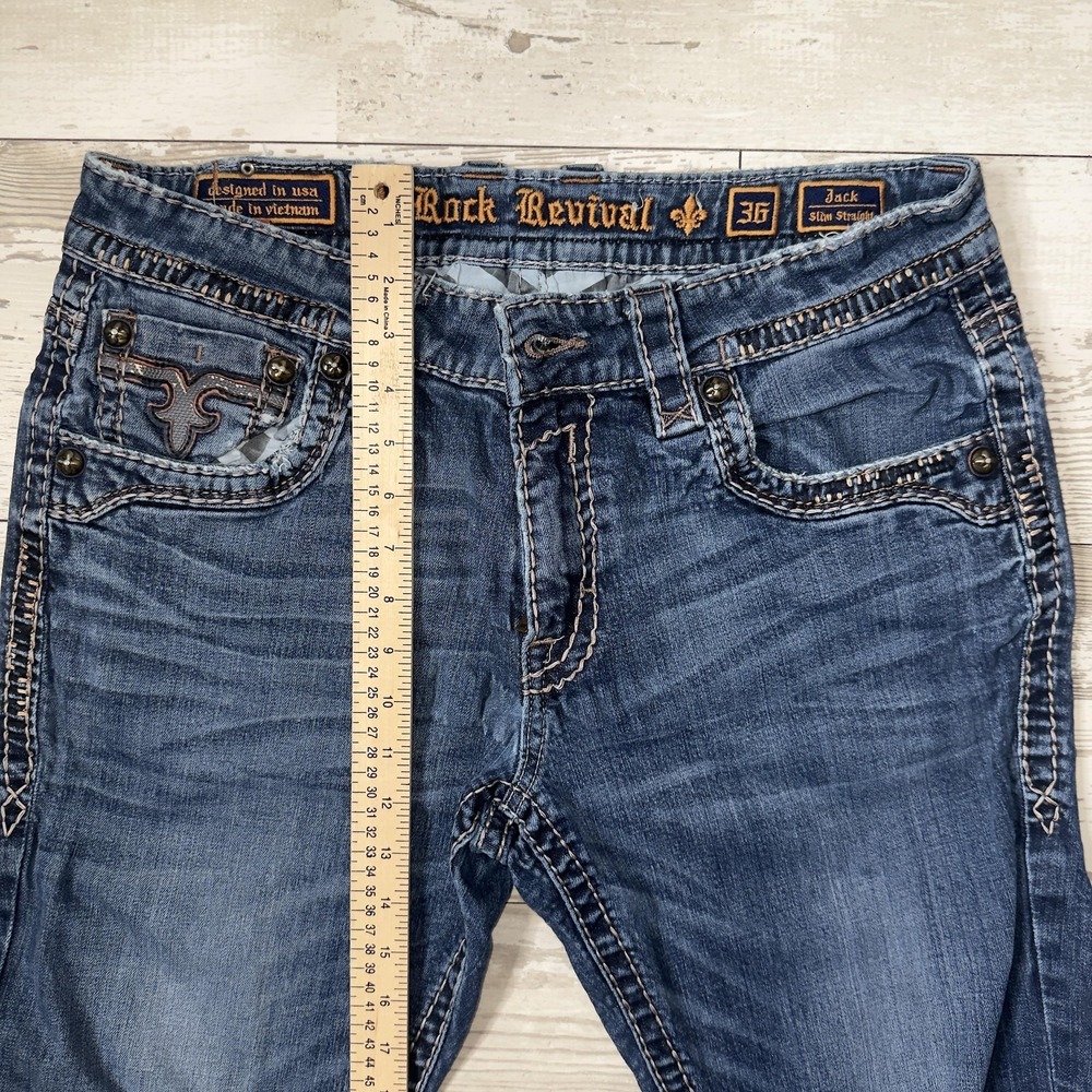 Rock Revival Jeans Mens 36x31 Blue Jack Slim Straight Denim Stretch Embroidered - Picture 9 of 14
